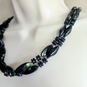 Vintage black iridescent rainbow colors plastic long necklace.
